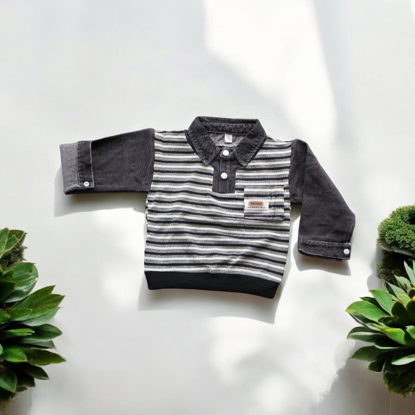 Boys Striped Polo Sweatshirt with Denim Sleeves