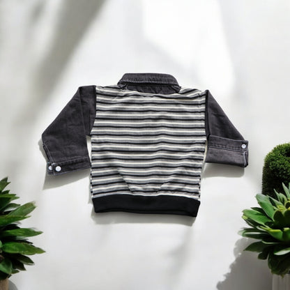 Boys Striped Polo Sweatshirt with Denim Sleeves